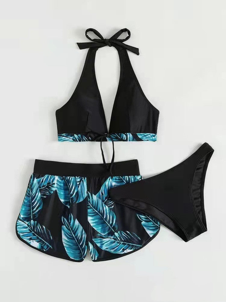 Maillot de bain 3 pièces imprimé feuilles avec short pour femme