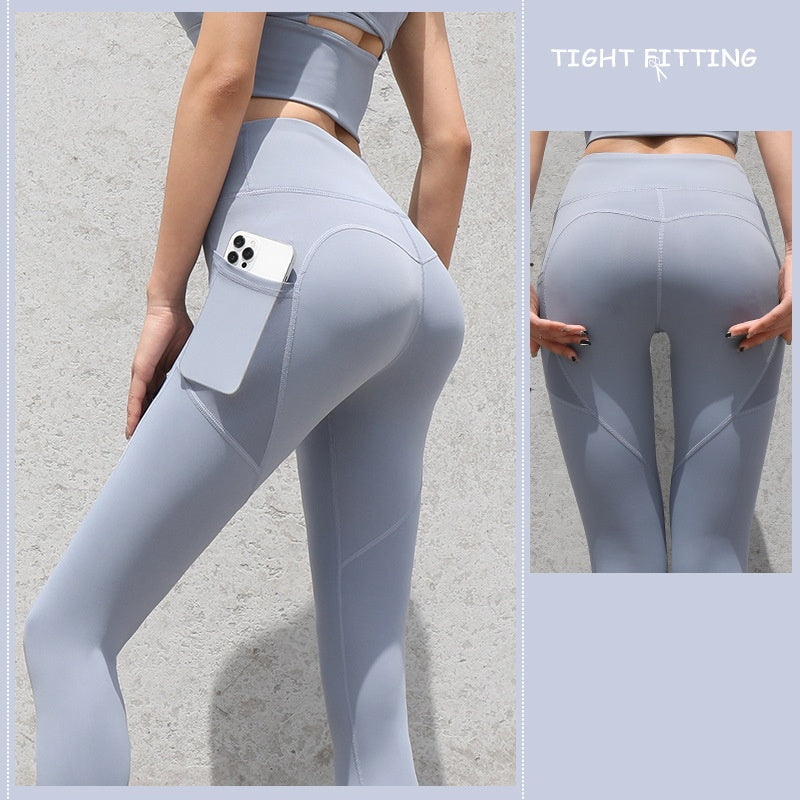 Leggings de sport sans couture avec poches, pantalon push-up taille haute pour femme, pantalon de fitness, de course, de yoga, de gym et de sport