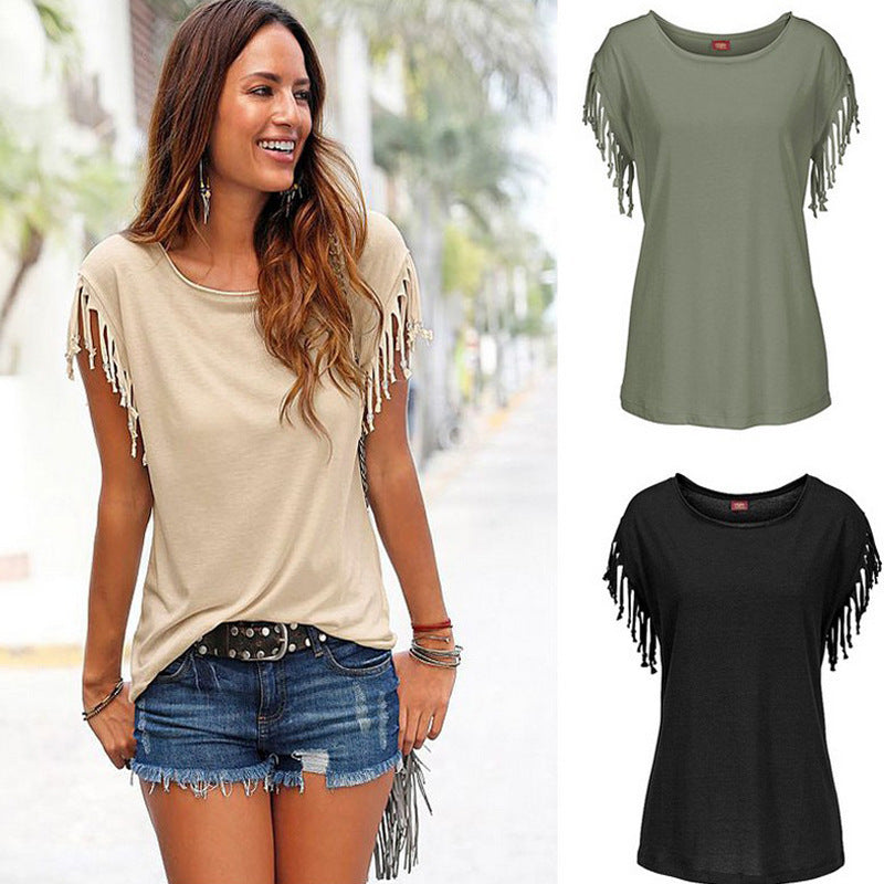 Wish quick sale eBay ladies Europe and America big size round neck short sleeve cuffs tassel T-shirt cotton tops