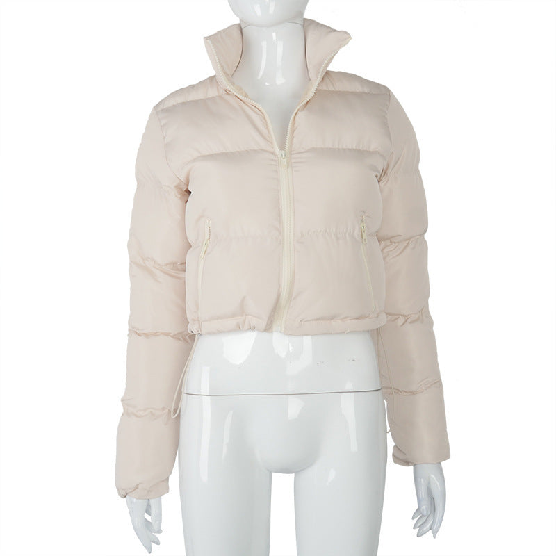 Manteau court tendance pour femme, veste chaude d'hiver à manches longues, col montant, fermeture éclair, en coton avec cordon de serrage