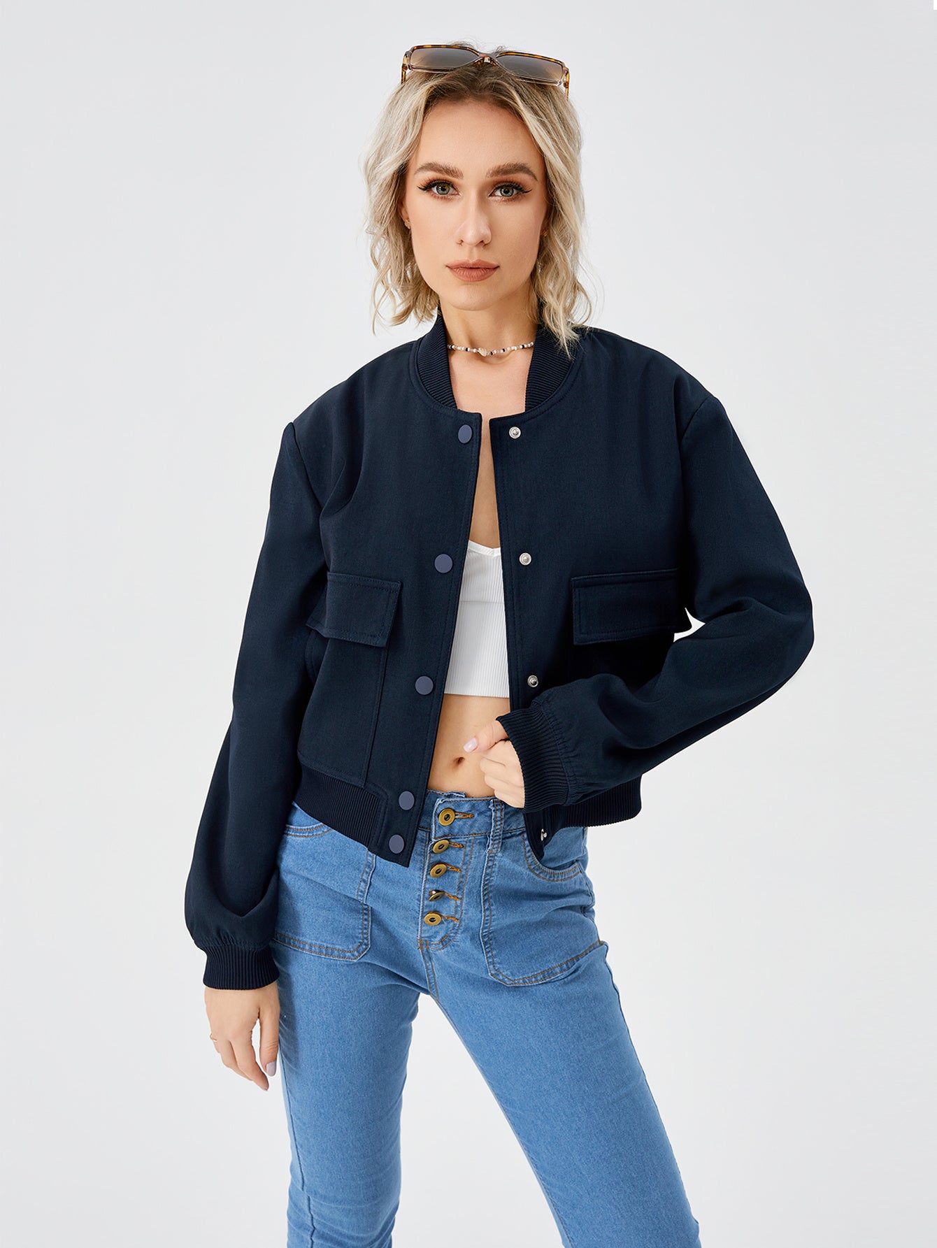 Veste bomber courte légère pour femme, veste décontractée à manches longues avec poche, veste tendance Y2k, streetwear