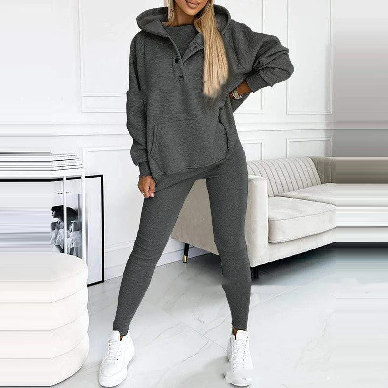 Ensemble de sport 3 pièces pour femme, sweat-shirt ample à capuche, poches, gilet et pantalon slim