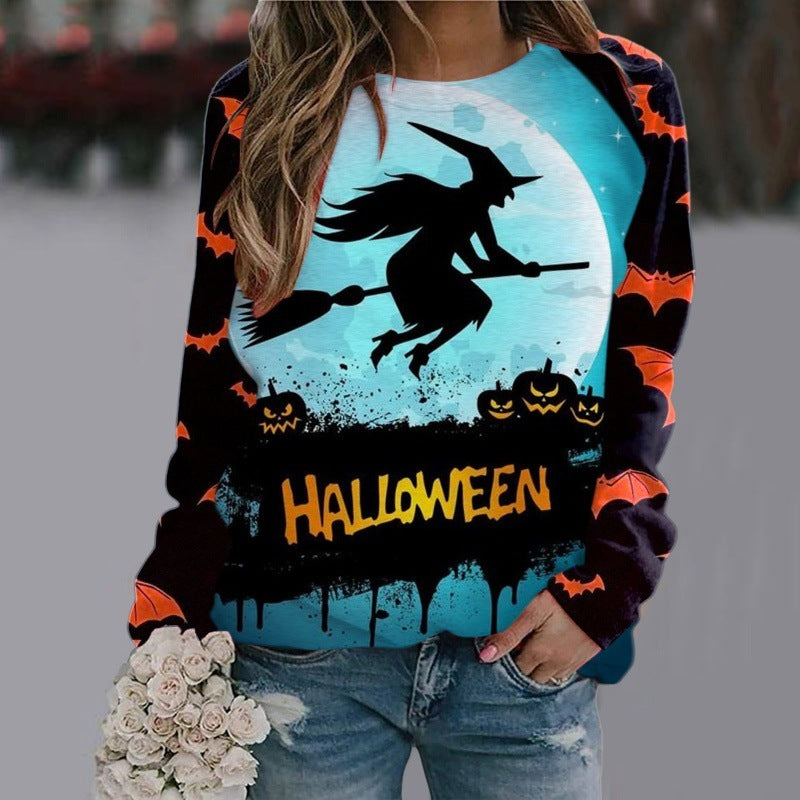 Sweat-shirt à manches longues imprimé dessin animé Halloween pour femme