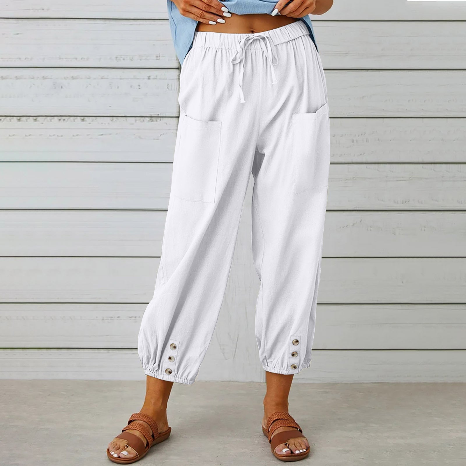 Pantalon à cordon de serrage pour femme Pantalon printemps été en coton et lin avec poches boutonnées