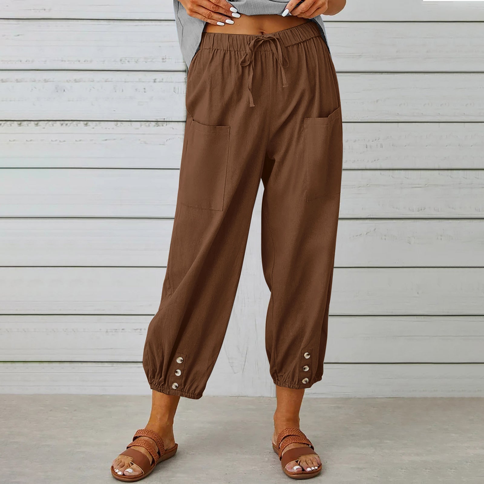 Pantalon à cordon de serrage pour femme Pantalon printemps été en coton et lin avec poches boutonnées