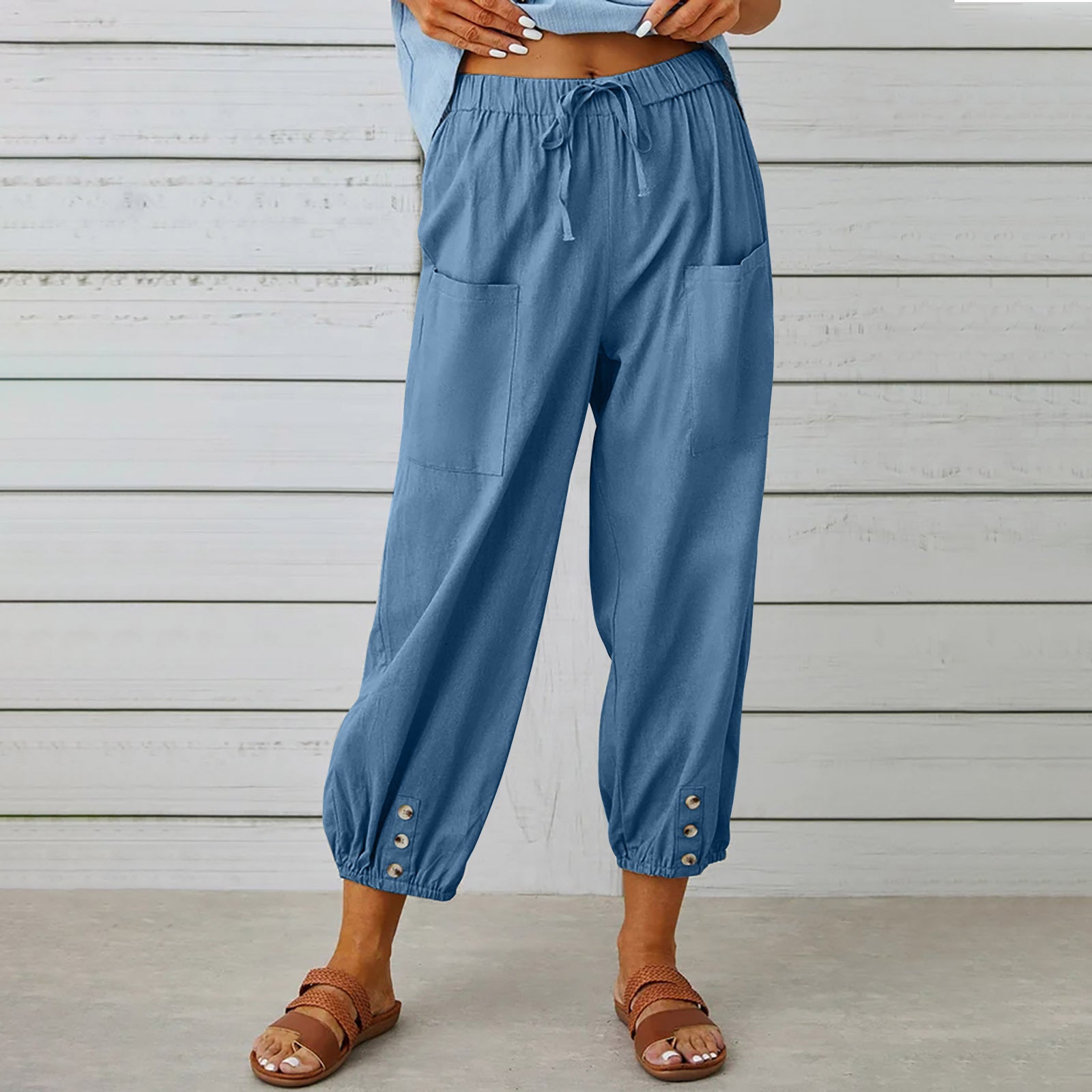 Pantalon à cordon de serrage pour femme Pantalon printemps été en coton et lin avec poches boutonnées