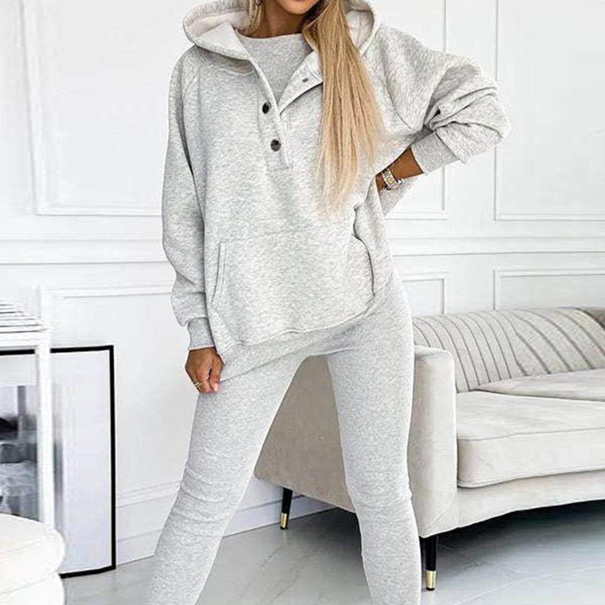 Ensemble de sport 3 pièces pour femme, sweat-shirt ample à capuche, poches, gilet et pantalon slim