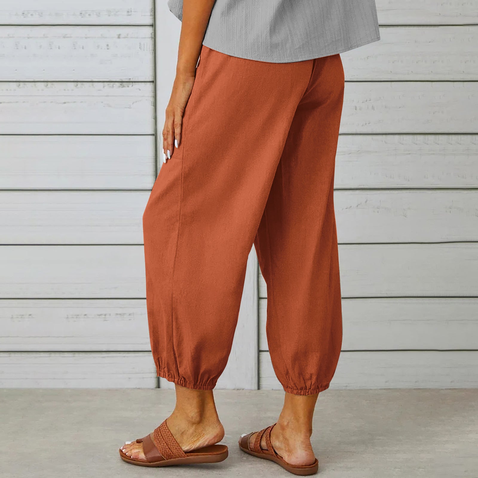 Pantalon à cordon de serrage pour femme Pantalon printemps été en coton et lin avec poches boutonnées