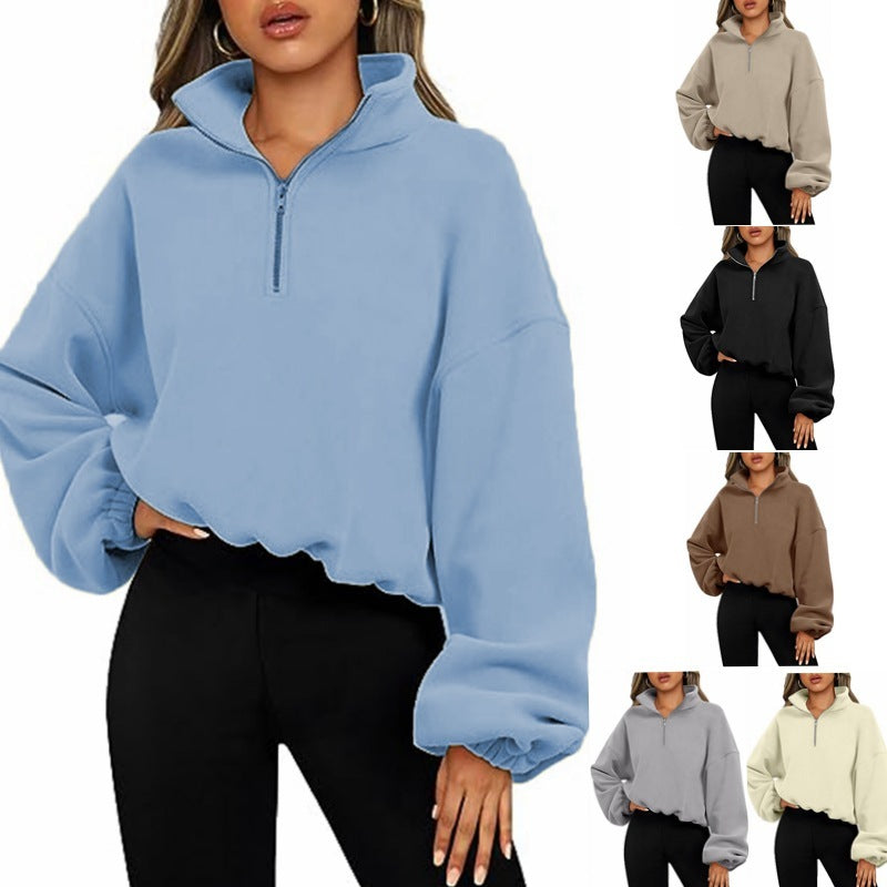 Sweat à capuche ample pour femme, vêtement d'hiver de couleur unie avec fermeture éclair et col montant, vêtement épais et chaud