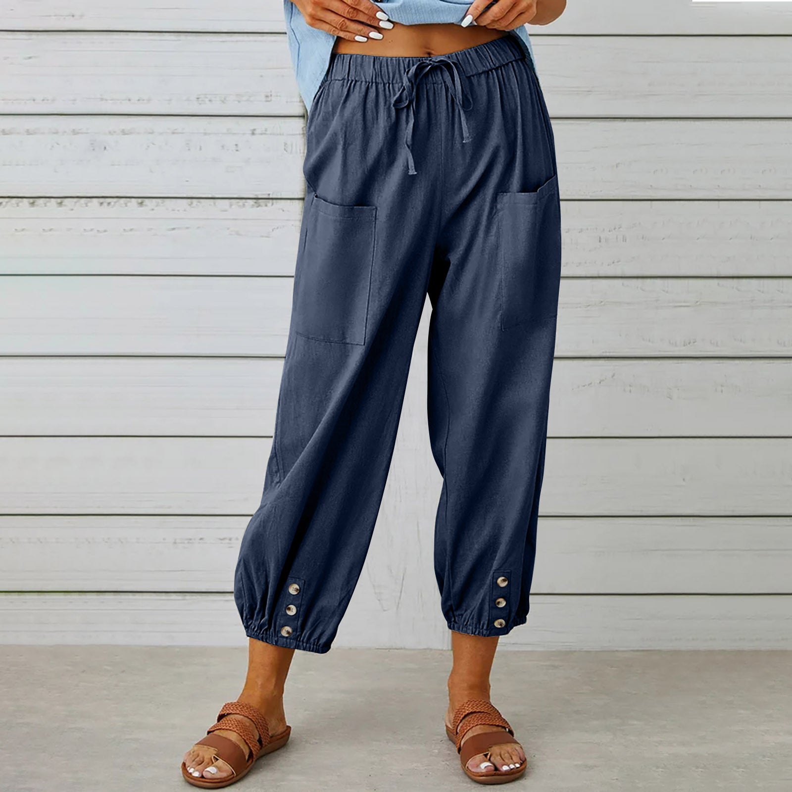 Pantalon à cordon de serrage pour femme Pantalon printemps été en coton et lin avec poches boutonnées