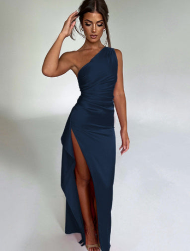 Robe sexy à une épaule et dos nu fendue, élégante, coupe ajustée, couleur unie, en satin, pour femme, été