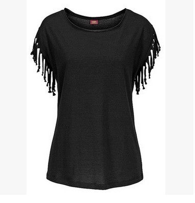 Vente rapide eBay pour femmes Europe et Amérique grande taille col rond manches courtes poignets gland T-shirt hauts en coton