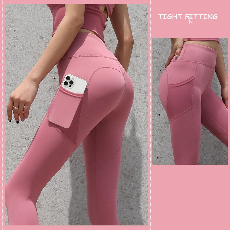 Leggings de sport sans couture avec poches, pantalon push-up taille haute pour femme, pantalon de fitness, de course, de yoga, de gym et de sport