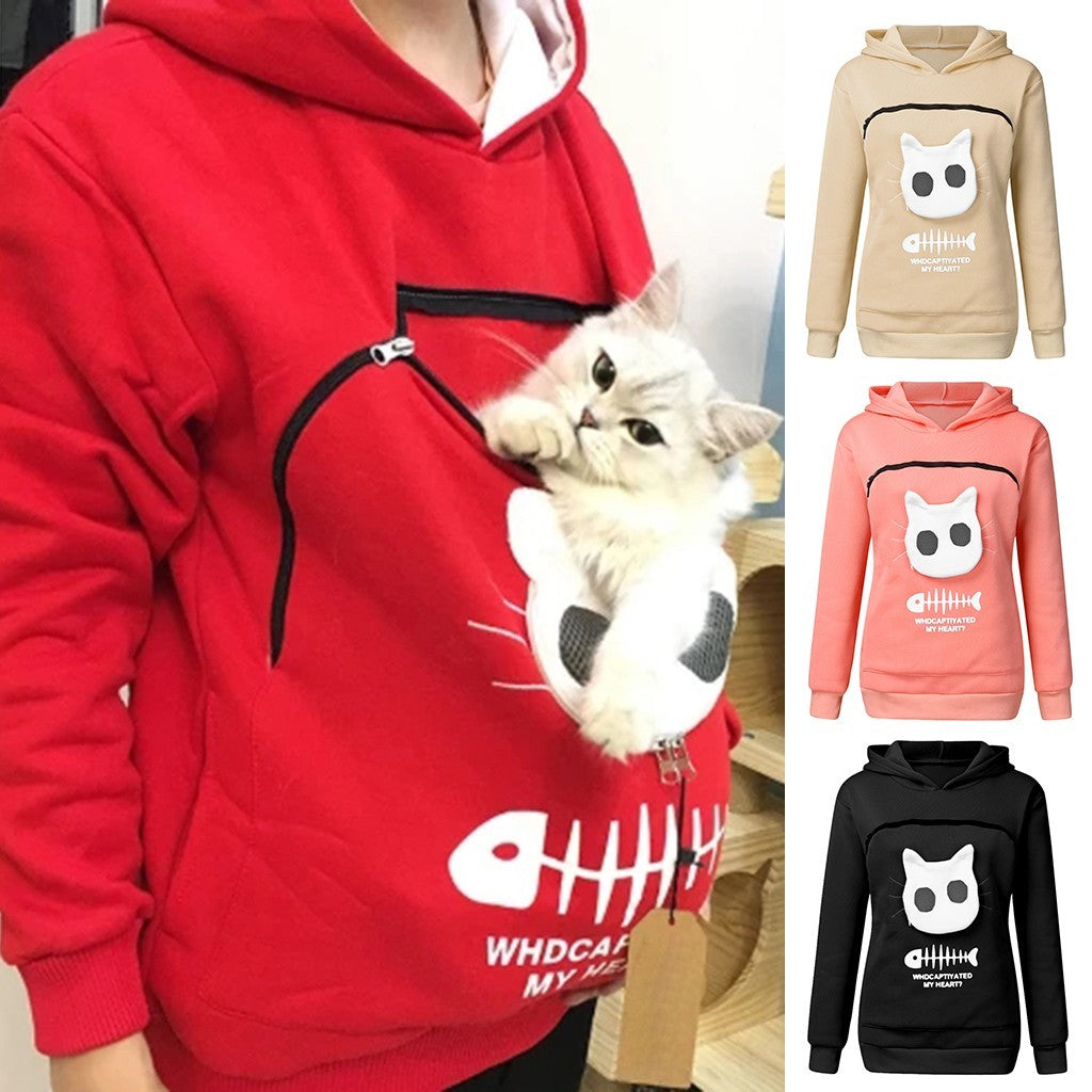 Sweat à capuche pour femme avec poche pour chat et animal de compagnie