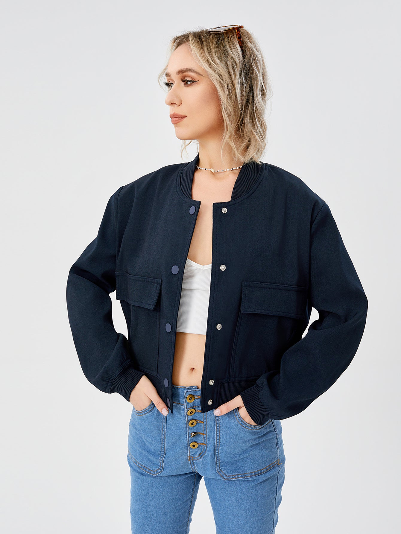 Veste bomber courte légère pour femme, veste décontractée à manches longues avec poche, veste tendance Y2k, streetwear