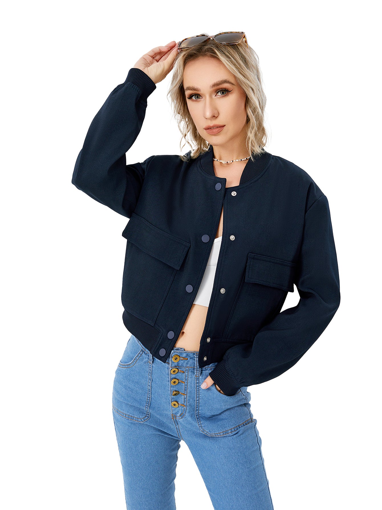 Veste bomber courte légère pour femme, veste décontractée à manches longues avec poche, veste tendance Y2k, streetwear