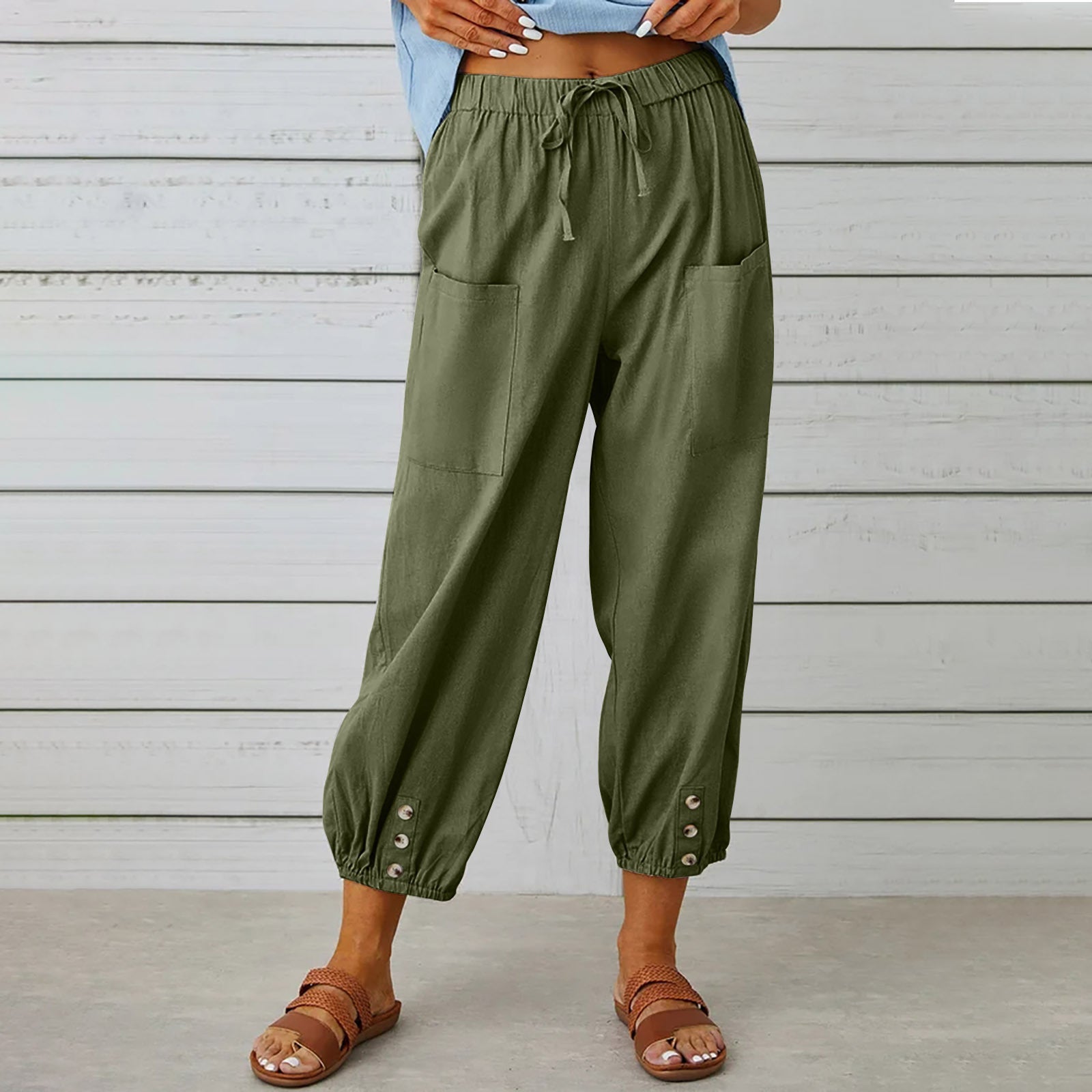 Pantalon à cordon de serrage pour femme Pantalon printemps été en coton et lin avec poches boutonnées