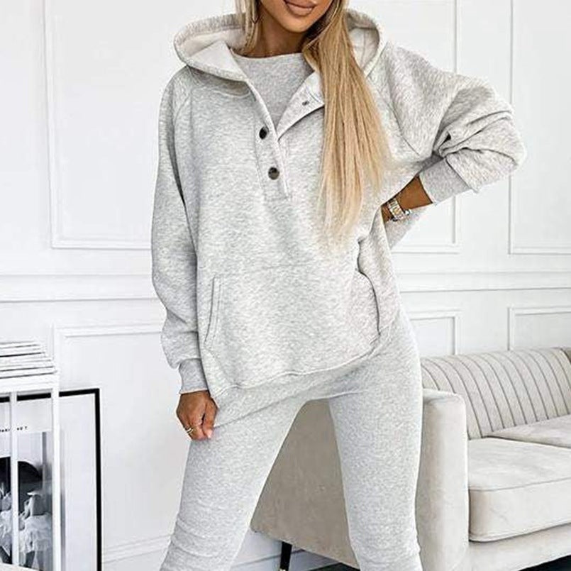 Ensemble de sport 3 pièces pour femme, sweat-shirt ample à capuche, poches, gilet et pantalon slim