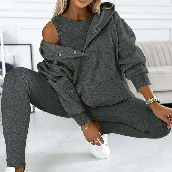 Ensemble de sport 3 pièces pour femme, sweat-shirt ample à capuche, poches, gilet et pantalon slim