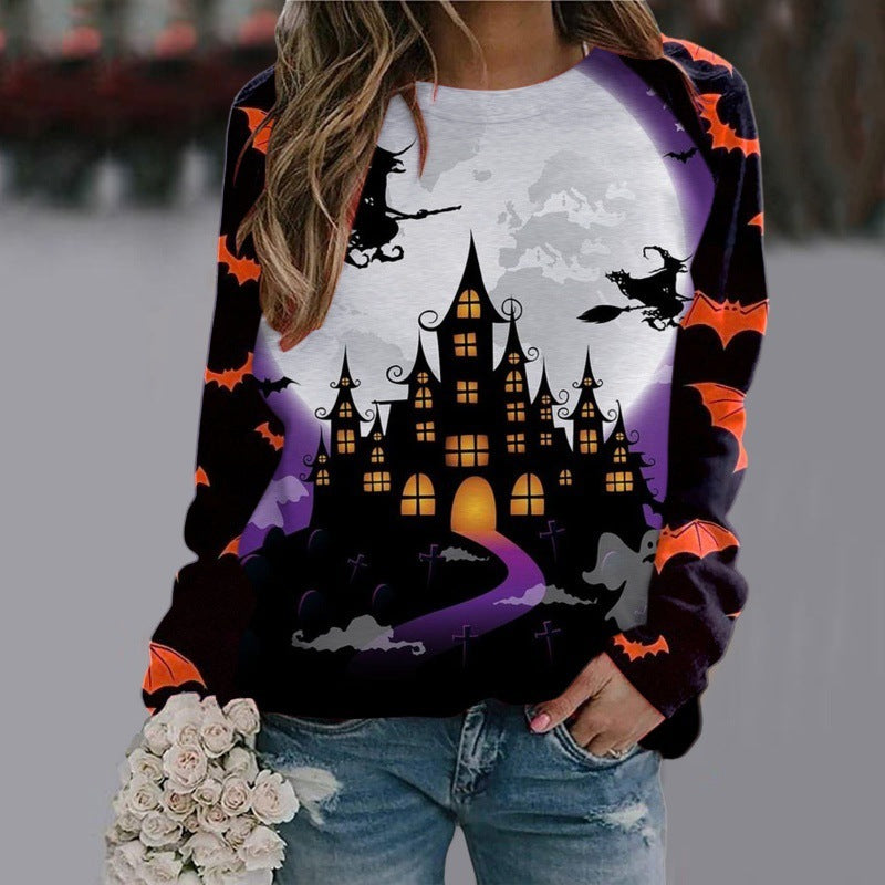 Sweat-shirt à manches longues imprimé dessin animé Halloween pour femme