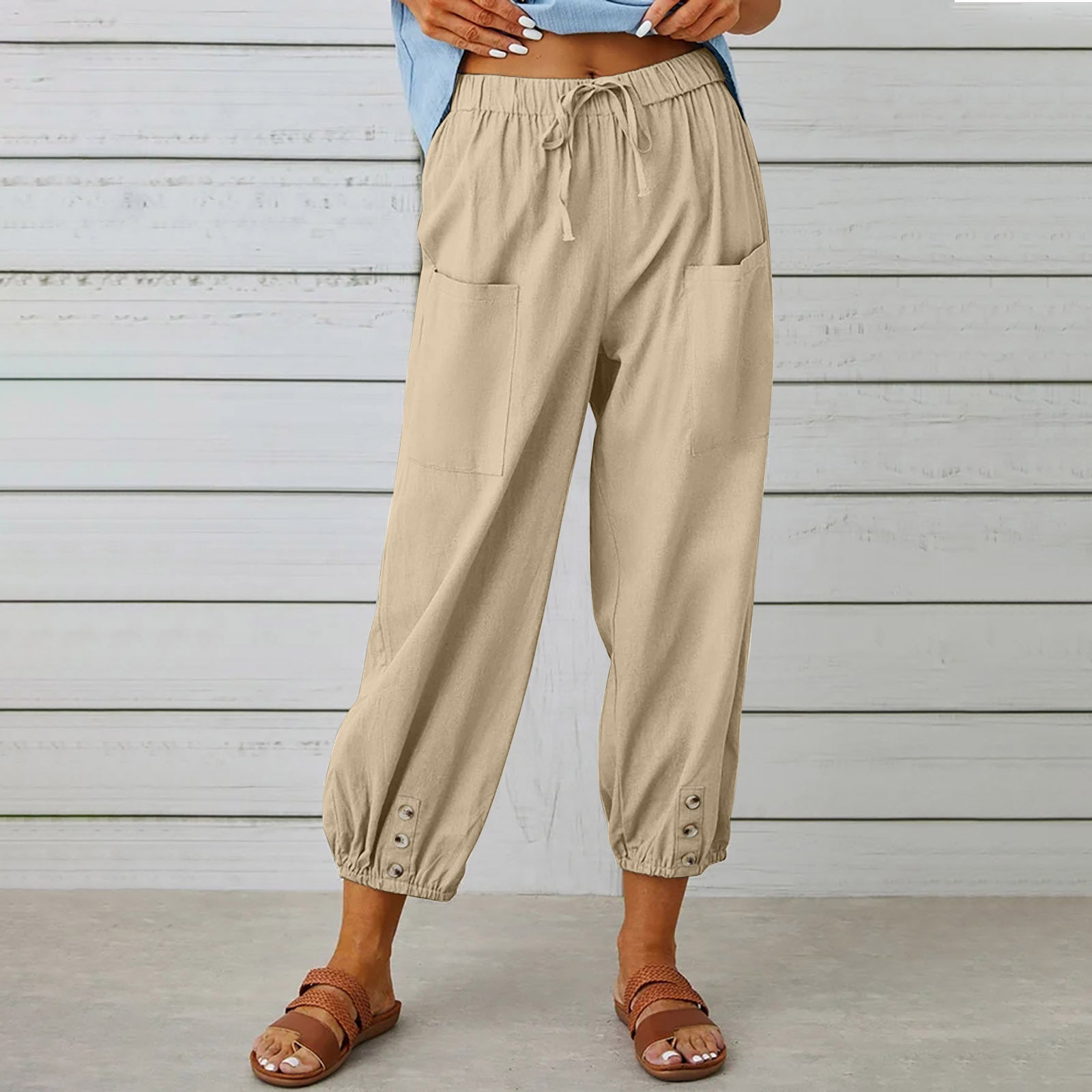 Pantalon à cordon de serrage pour femme Pantalon printemps été en coton et lin avec poches boutonnées