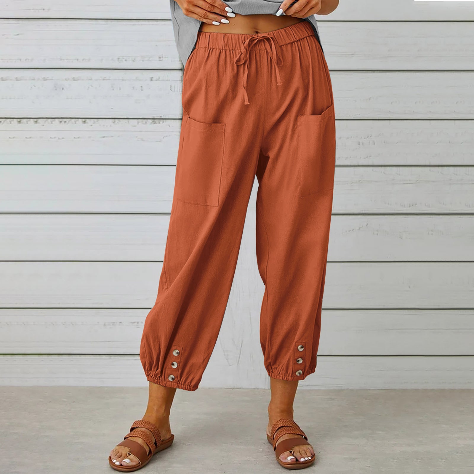 Pantalon à cordon de serrage pour femme Pantalon printemps été en coton et lin avec poches boutonnées