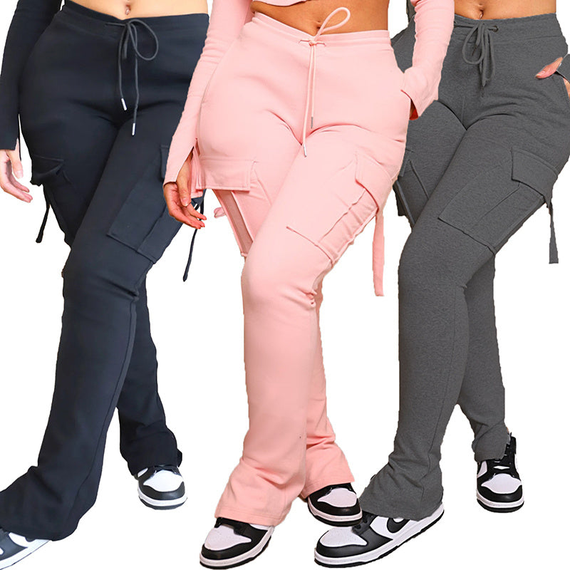 Pantalon cargo avec poches taille haute avec cordon de serrage, pantalon large et droit pour femme