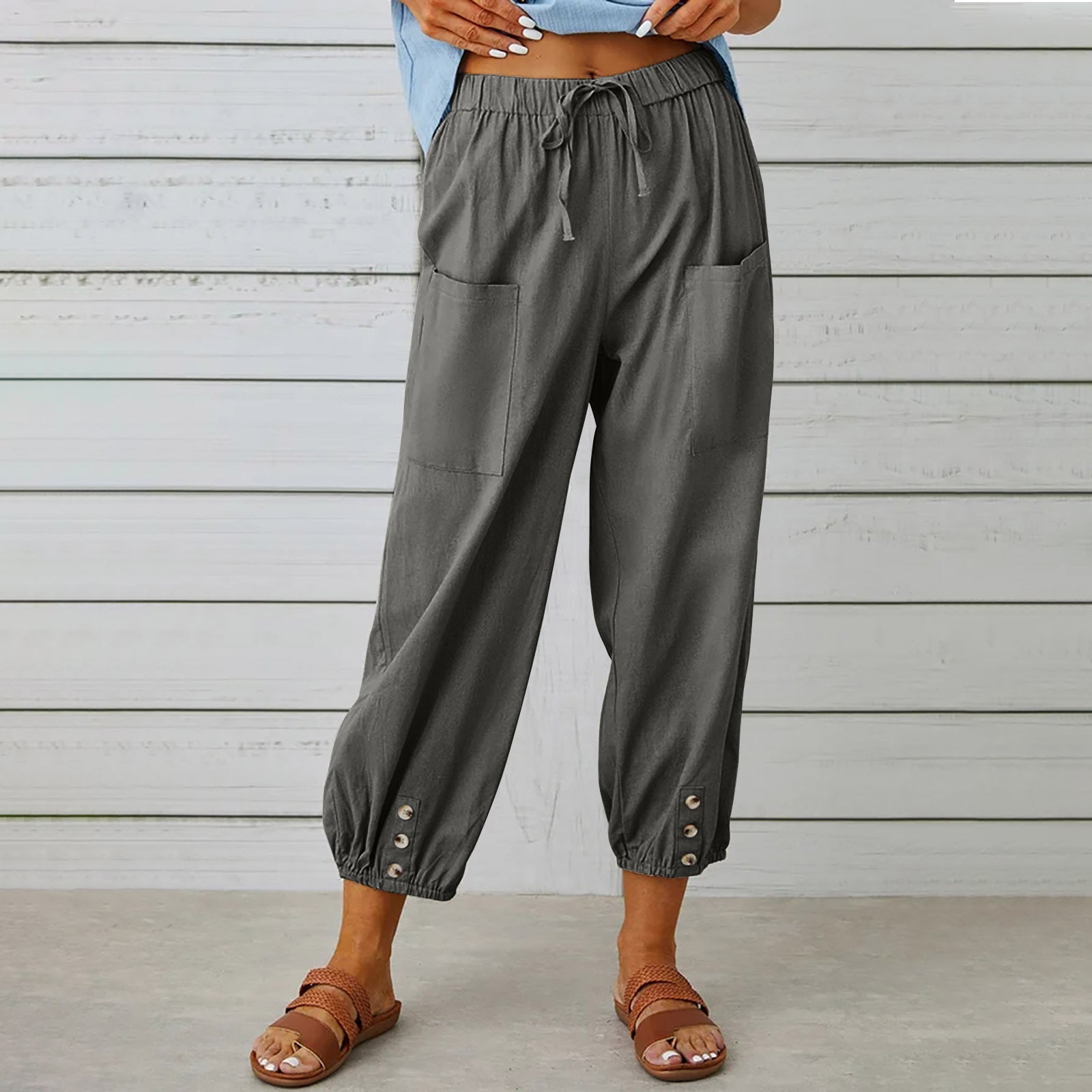 Pantalon à cordon de serrage pour femme Pantalon printemps été en coton et lin avec poches boutonnées