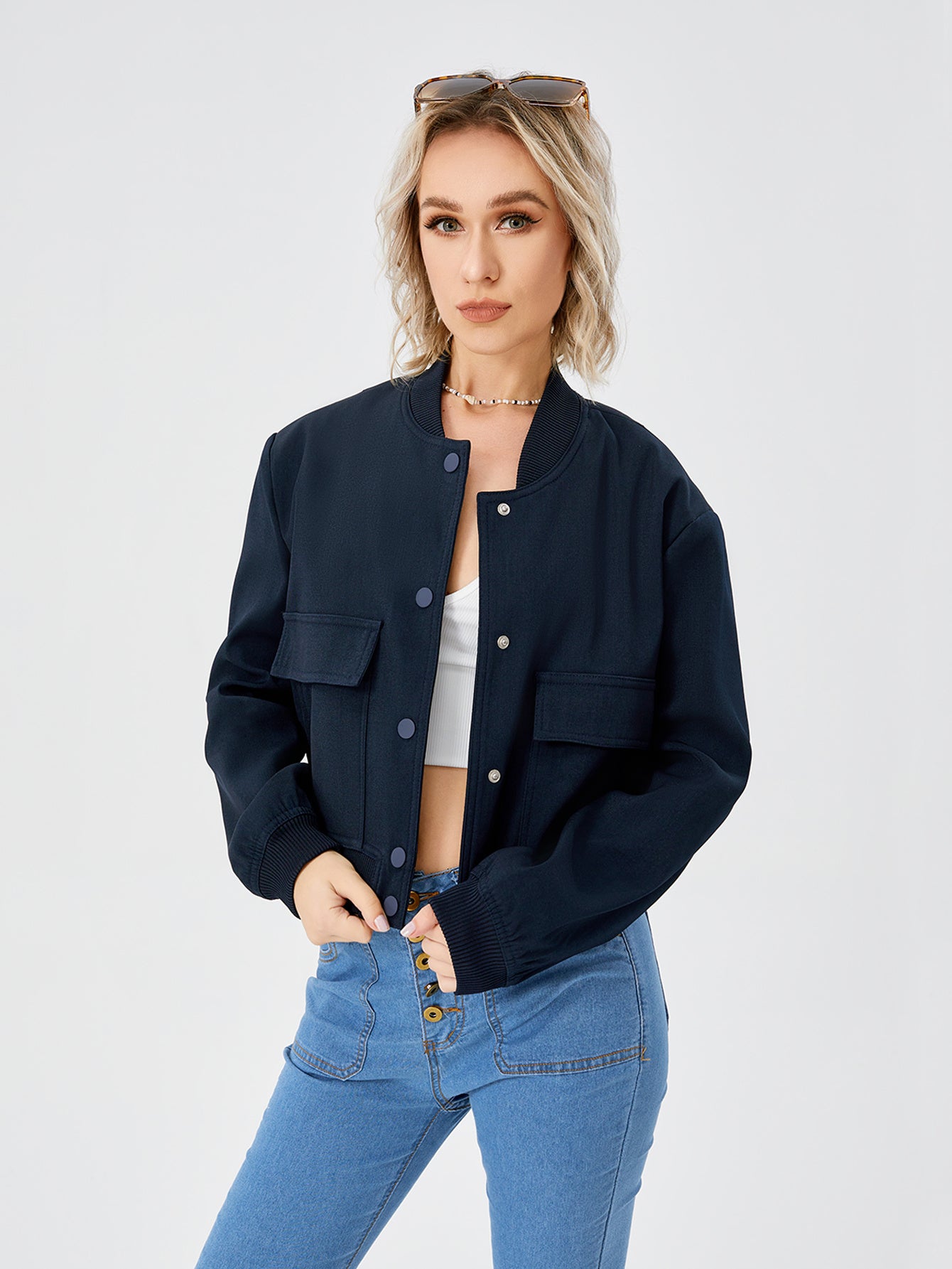 Veste bomber courte légère pour femme, veste décontractée à manches longues avec poche, veste tendance Y2k, streetwear