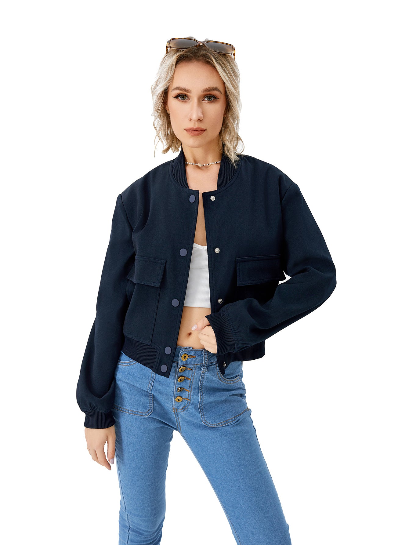 Veste bomber courte légère pour femme, veste décontractée à manches longues avec poche, veste tendance Y2k, streetwear