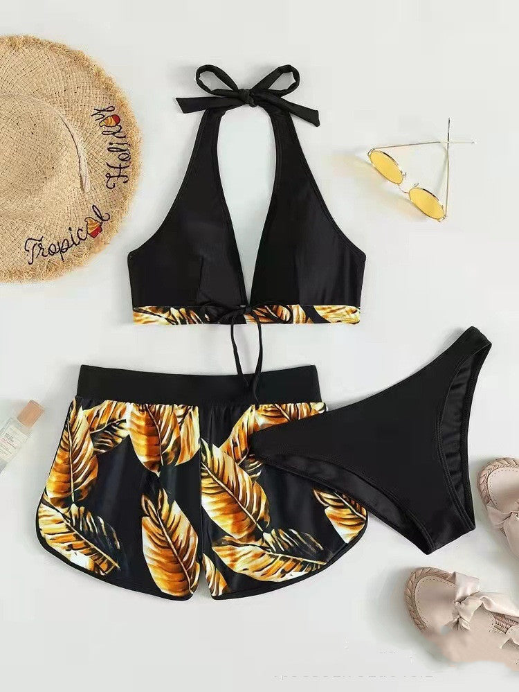 Maillot de bain 3 pièces imprimé feuilles avec short pour femme