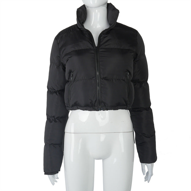 Manteau court tendance pour femme, veste chaude d'hiver à manches longues, col montant, fermeture éclair, en coton avec cordon de serrage