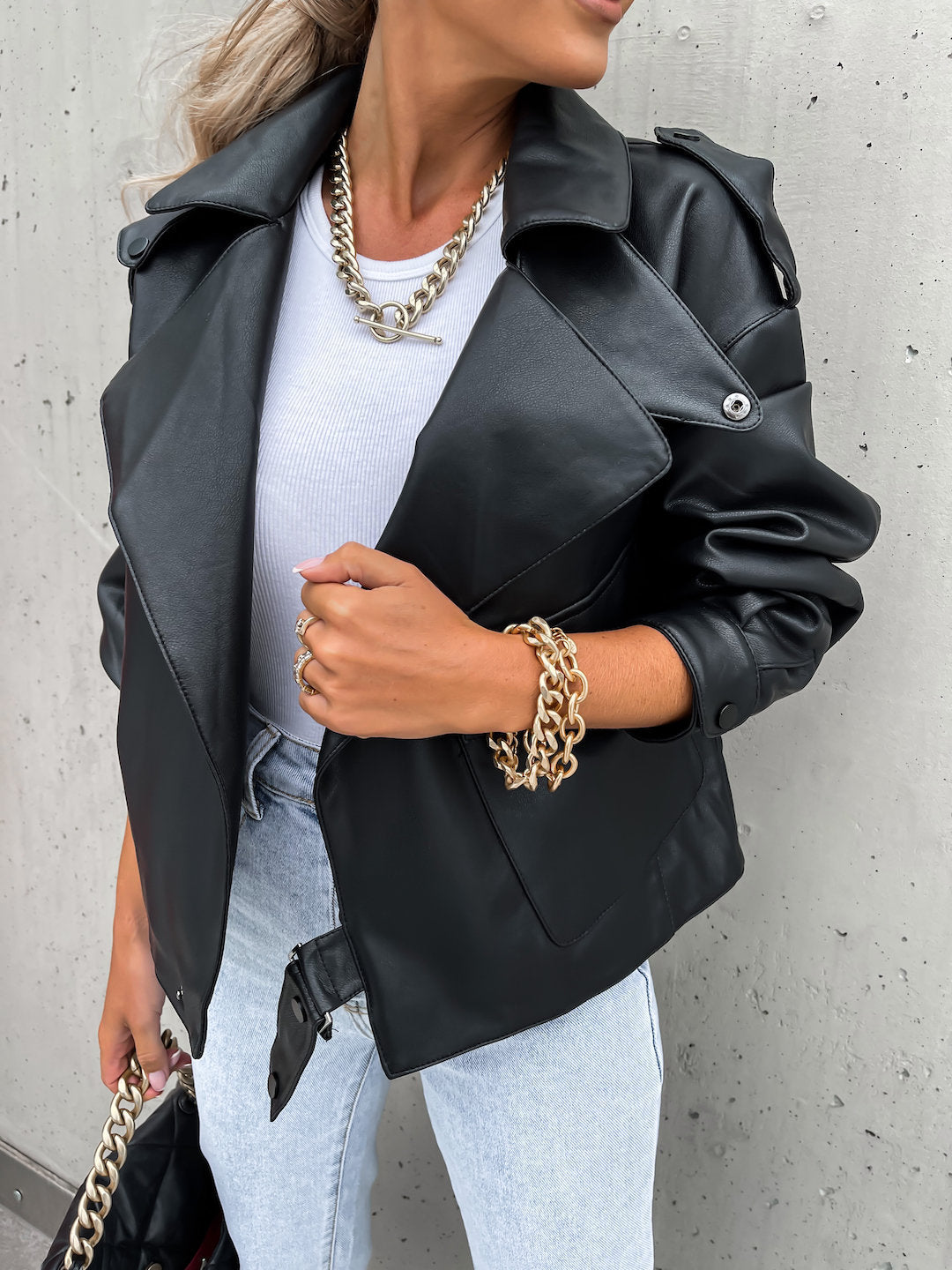 Veste en cuir PU pour femme, coupe ample