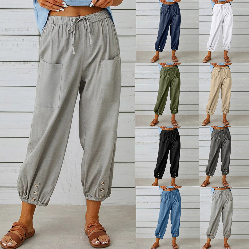 Pantalon à cordon de serrage pour femme Pantalon printemps été en coton et lin avec poches boutonnées