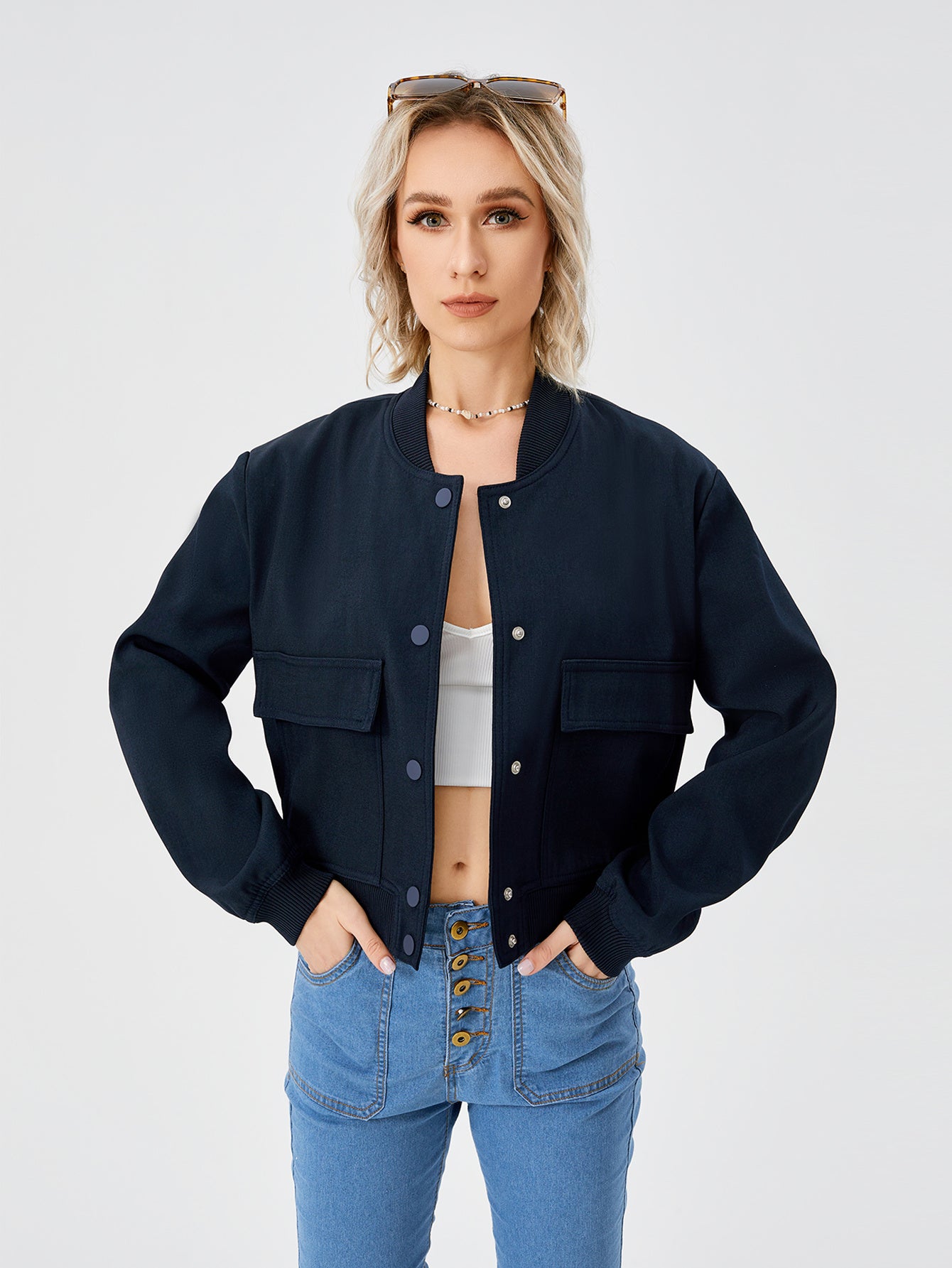 Veste bomber courte légère pour femme, veste décontractée à manches longues avec poche, veste tendance Y2k, streetwear