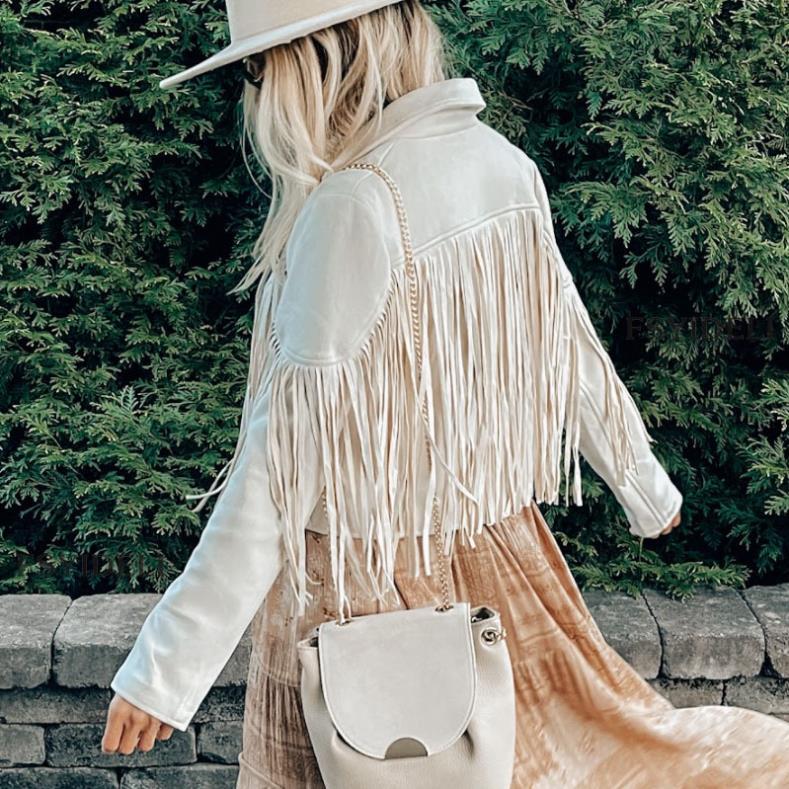 Veste à franges en cuir suédé synthétique pour femme, manteau court ouvert à pompons pour moto